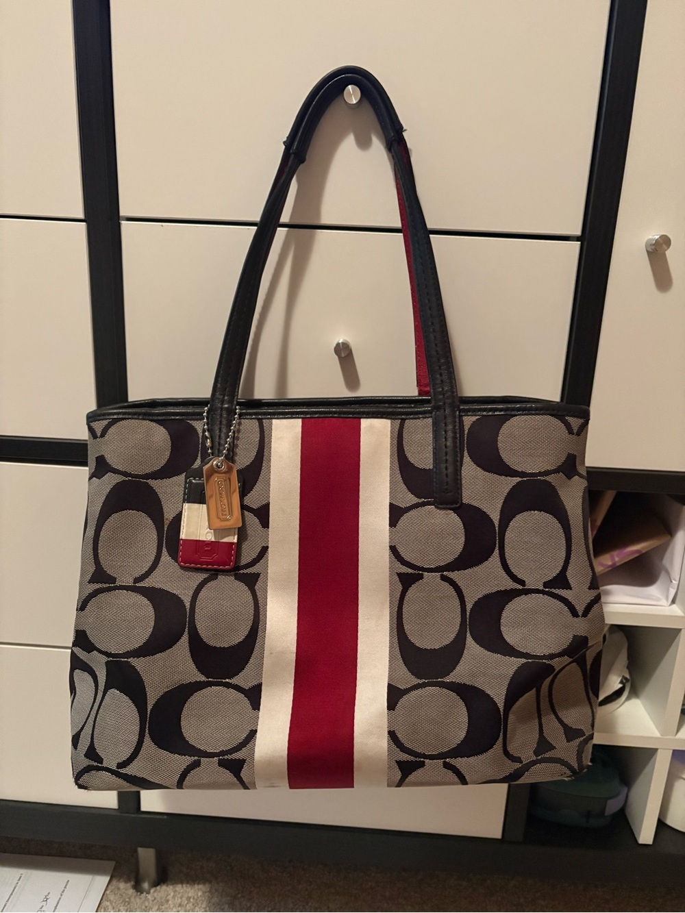 Vintage Coach Signature Stripe Tote Bag in Black and Red